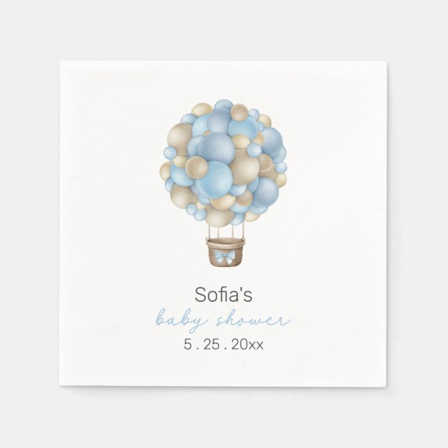 Blue Hot Air Balloon Boy Baby Shower Napkin (Front)