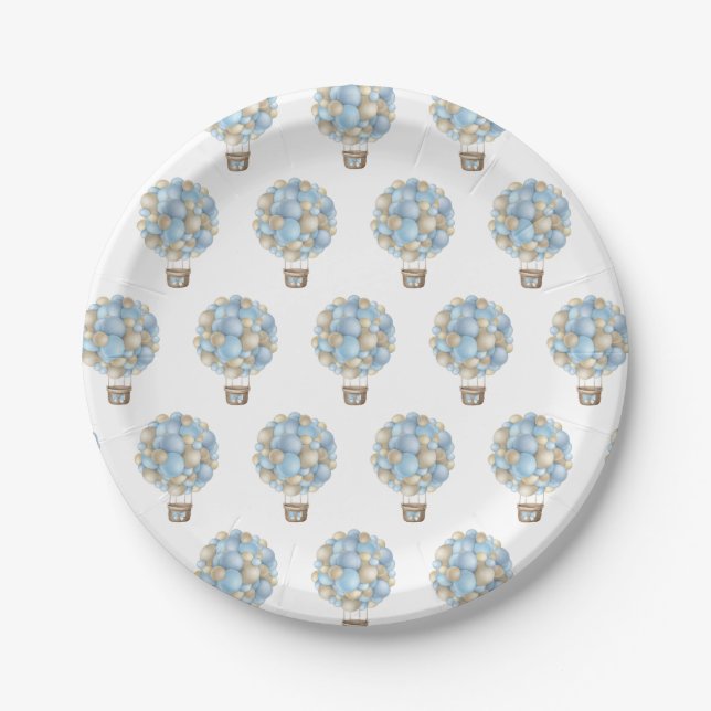 Blue Hot Air Balloon Boy Baby Shower Paper Plate (Front)