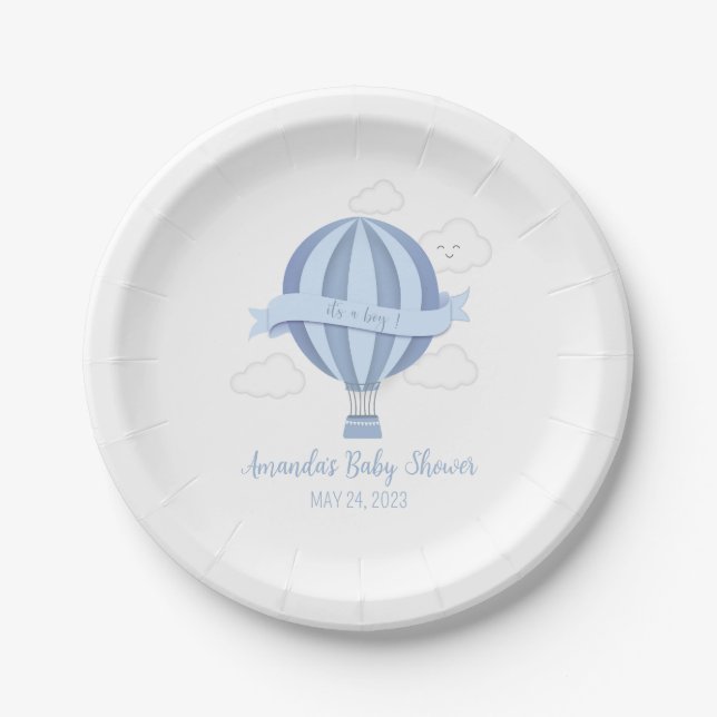 Blue Hot Air Balloon Boy Baby Shower Paper Plates (Front)
