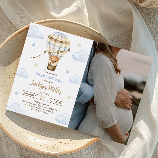 Blue Hot Air Balloon Boy Baby Shower Photo Invitation (Creator Uploaded)