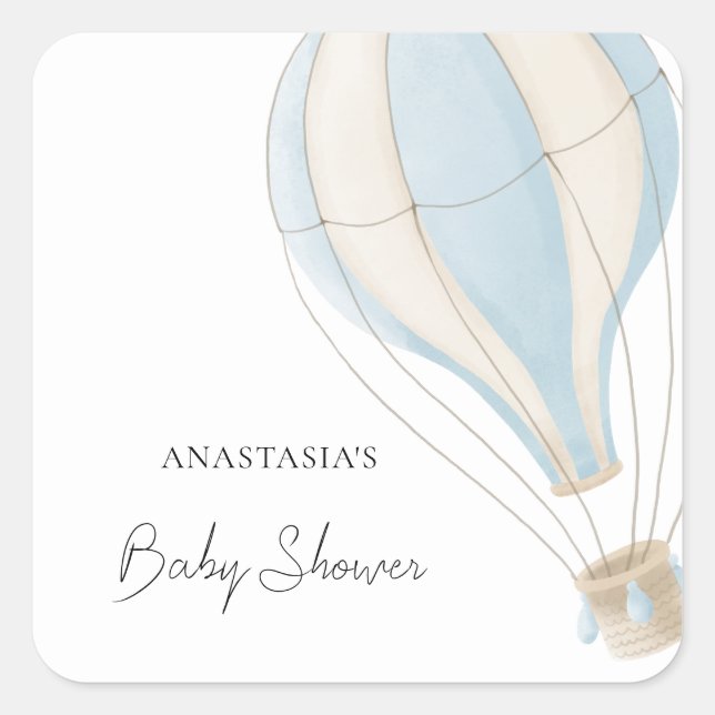 Blue Hot Air Balloon Boy Baby Shower Square Sticker (Front)