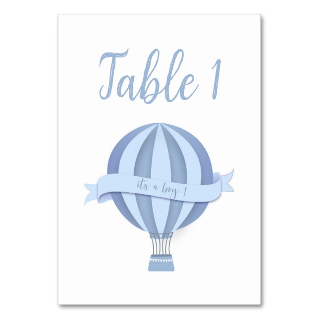 Blue Hot Air Balloon Boy Baby Shower Table Number (Front)