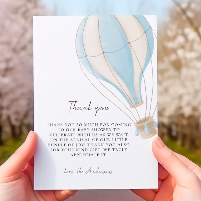 Blue Hot Air Balloon Boy Baby Shower Thanks Thank You Card (Creator Uploaded)