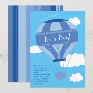 Blue Hot Air Balloon Boy Baby Shower Vintage Invitation