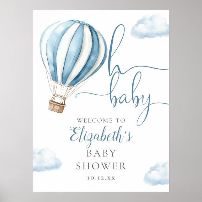 Blue Hot Air Balloon Boy Baby Shower Welcome Sign (Front)