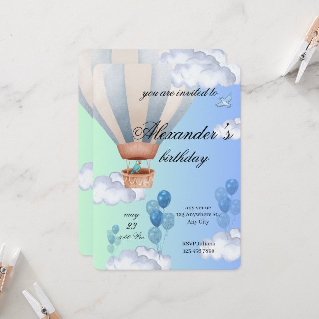 Blue Hot Air Balloon Boy Birthday Invitation  (Front/Back In Situ)
