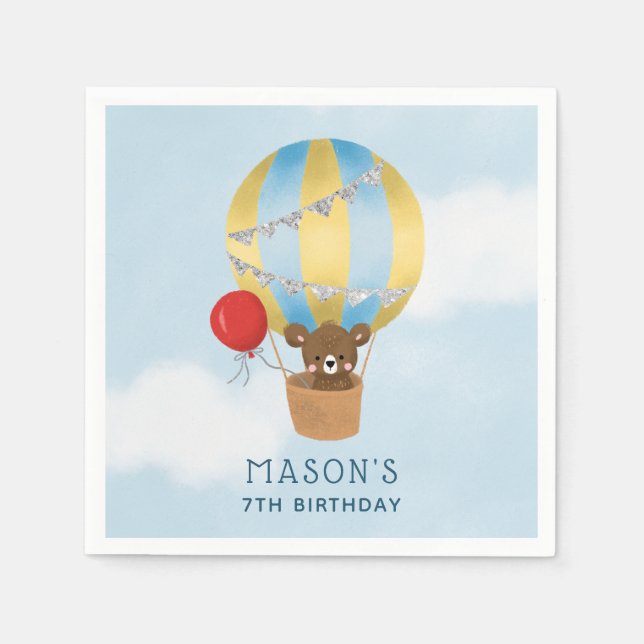 Blue Hot Air Balloon Boy Birthday Party Napkin (Front)