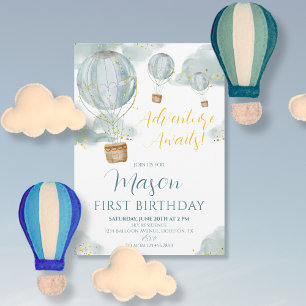 Blue Hot Air Balloon Boy First Birthday Invitation