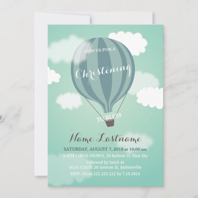 Blue Hot Air Balloon Christening Invitation (Front)