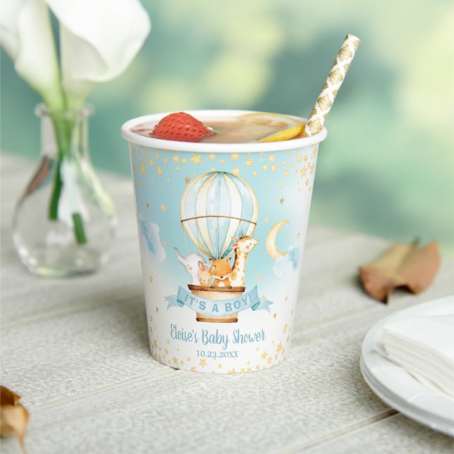 Blue Hot Air Balloon Cute Animals Boy Baby Shower Paper Cups (Insitu)