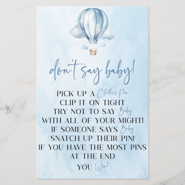 Blue Hot Air Balloon Don't Say Baby Shower Game (Front)