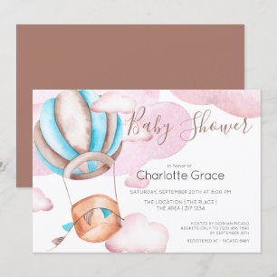 Blue Hot Air Balloon In The Clouds Baby Shower Invitation