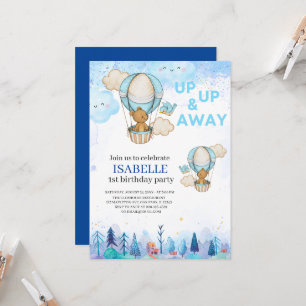 Blue Hot air balloon invitation, 1st birthday Invitation