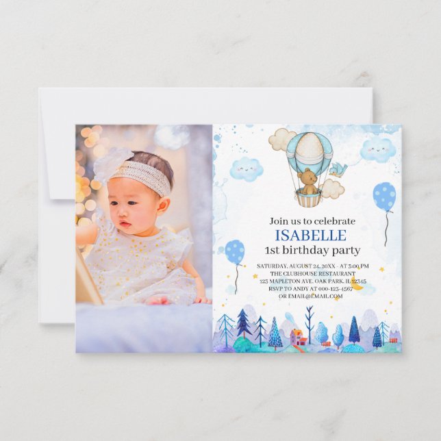 Blue Hot air balloon invitation, girl 1st birthday Invitation (Front)