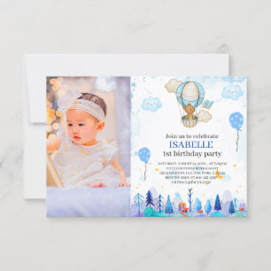 Blue Hot air balloon invitation, girl 1st birthday Invitation