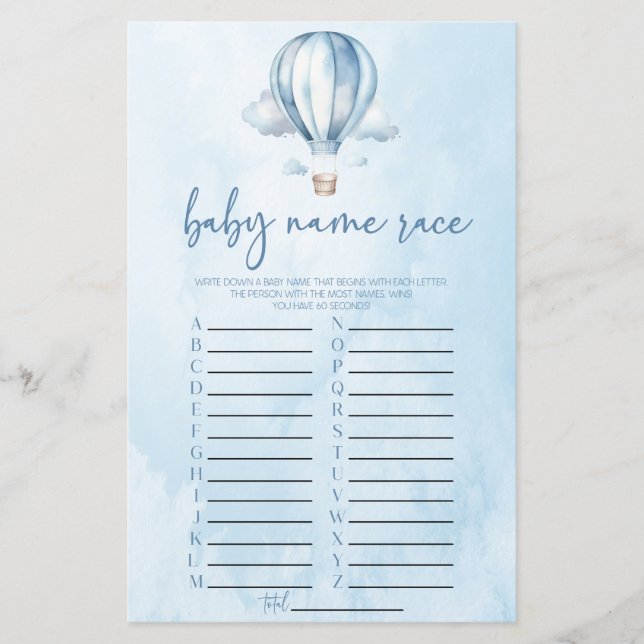 Blue Hot Air Balloon Name Race Baby Shower Game (Front)