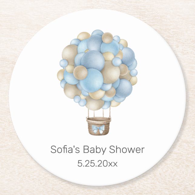 Blue Hot Air Balloon Round Paper Coaster (Front)