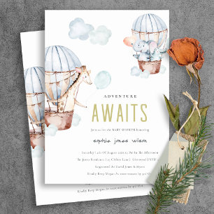 Blue Hot Air Balloon Safari Animals Baby Shower Invitation