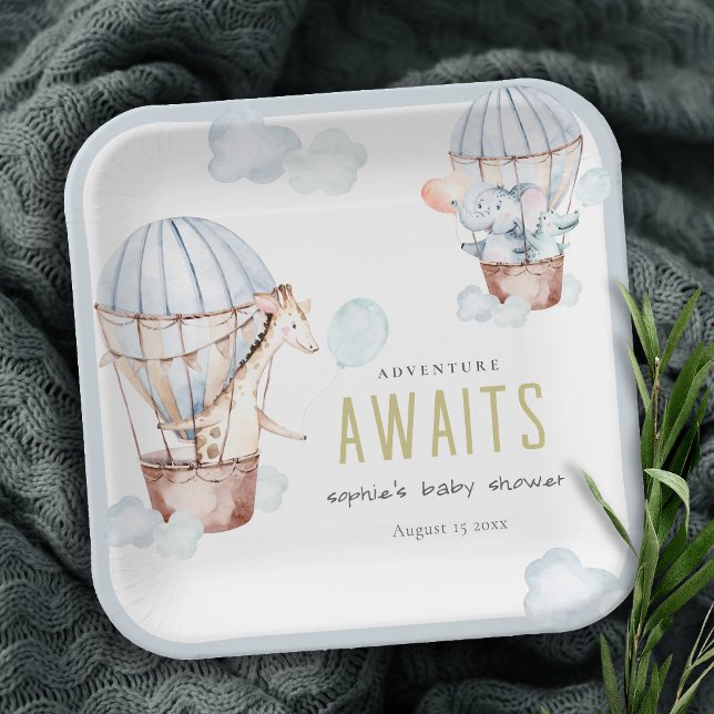 Blue Hot Air Balloon Safari Animals Baby Shower Paper Plate (Creator Uploaded)