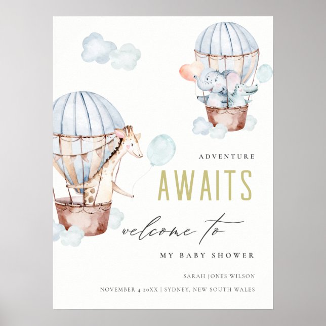 Blue Hot Air Balloon Safari Animals Baby Shower Poster (Front)