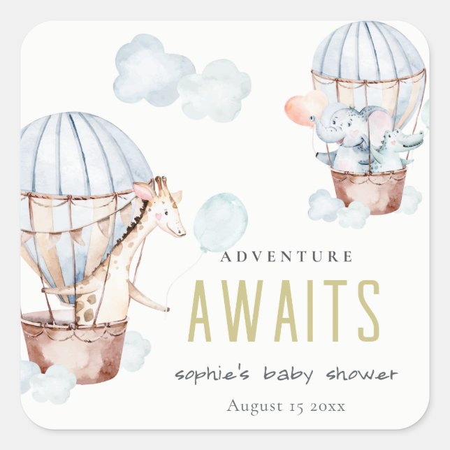 Blue Hot Air Balloon Safari Animals Baby Shower Square Sticker (Front)