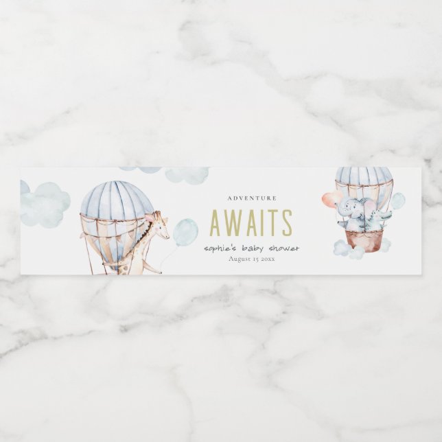 Blue Hot Air Balloon Safari Animals Baby Shower Water Bottle Label (Single Label)