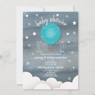 Blue Hot Air Balloon + Stars Boy Baby Shower Invitation