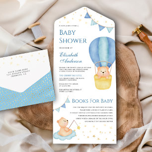 Blue Hot Air Balloon Teddy Bear Baby Shower All In One Invitation