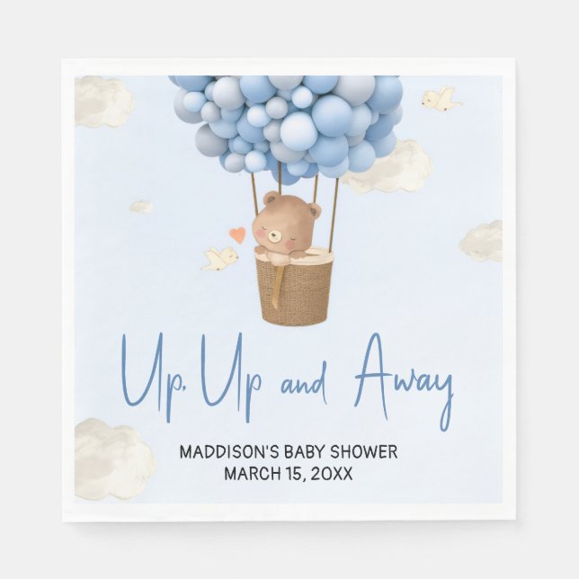 Blue Hot Air Balloon Up and Away Baby Shower Napkin (Front)