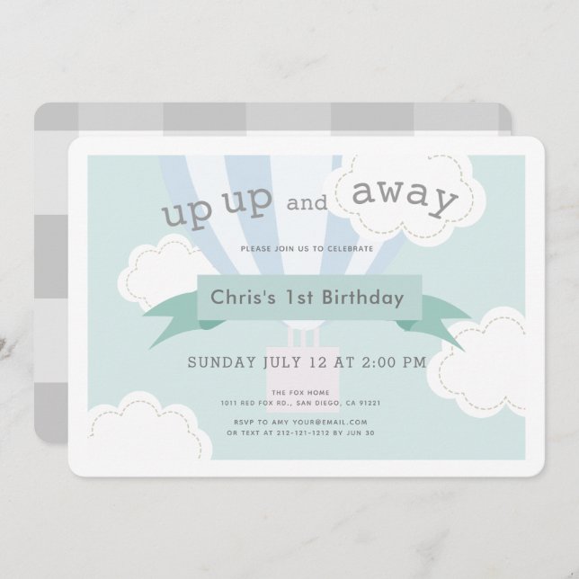 Blue Hot Air Balloon Up Up and Away 1st Birthday Invitation (Front/Back)