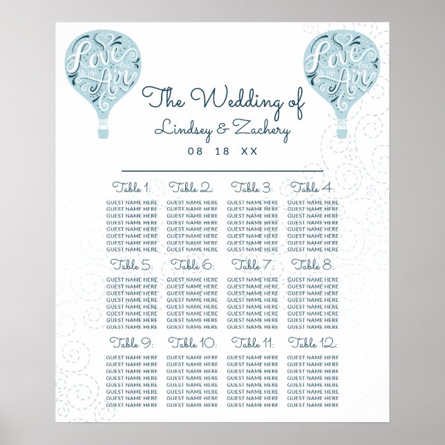 Blue Hot Air Balloon Wedding Table Seating Chart (Front)