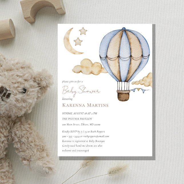 Blue Hot Air Balloon White Baby Shower Invitation (Creator Uploaded)