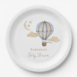 Blue Hot Air Balloon White Baby Shower Paper Plate