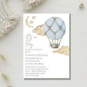 Blue Hot Air Balloon White It's a Boy Baby Shower Invitation