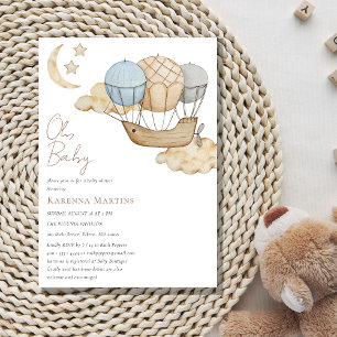 Blue Hot Air Balloon White Oh Baby Shower Invitation