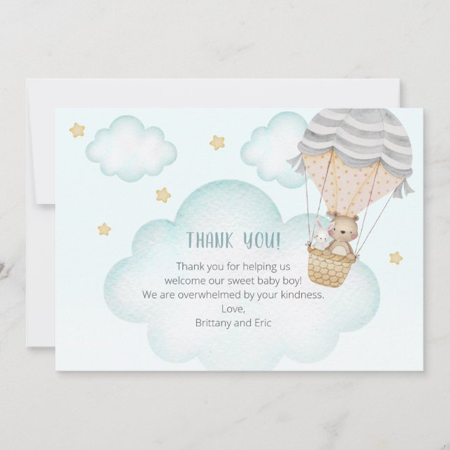 Blue Hot Air Balloon Woodland Animals Baby Shower Thank You Card (Front)