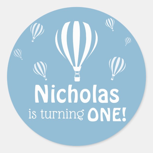 Blue Hot Air Balloons Baby's First Birthday Classic Round Sticker (Front)