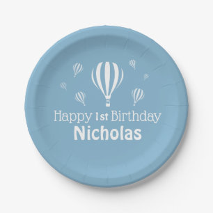 Blue Hot Air Balloons Baby's First Birthday Paper Plate