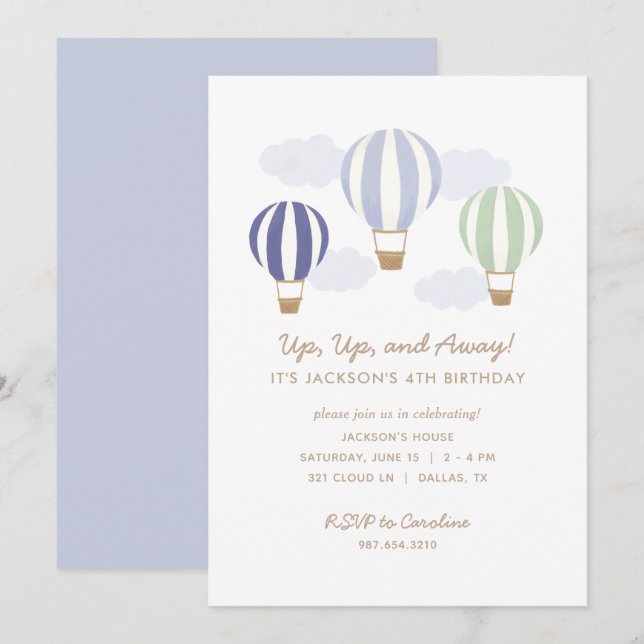 Blue Hot Air Balloons Boy Birthday Party Invitation (Front/Back)