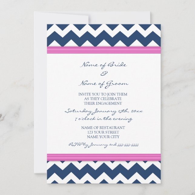 Blue Hot Pink Chevron Engagement Party Invitations (Front)