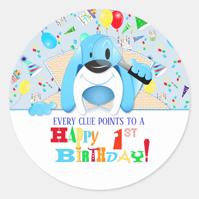 Blue Hound Dog Mystery Detective Birthday Party Classic Round Sticker (Front)