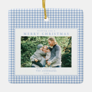 Blue Houndstooth Christmas Photo Ceramic Ornament