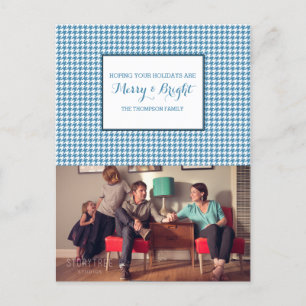 Blue Houndstooth Holiday Photo Postcard