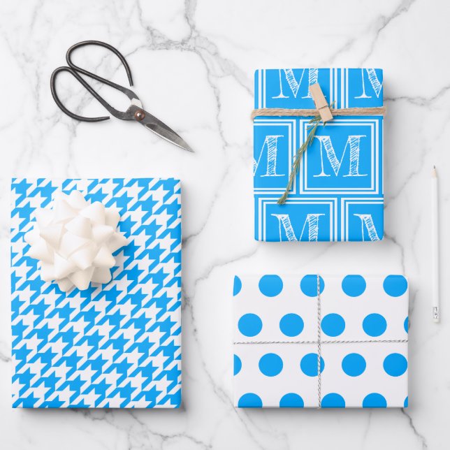 Blue Houndstooth Monogram Polka Dot Wrapping Paper Sheet (Front)