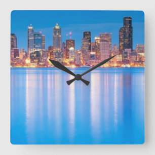 Blue hour view of downtown Seattle Square Wall Clock