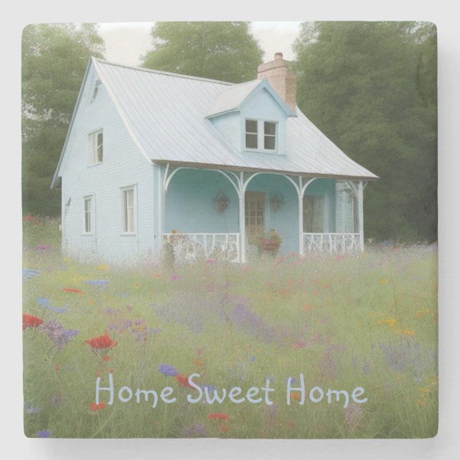 Blue House Housewarming Stone Coaster (Front)