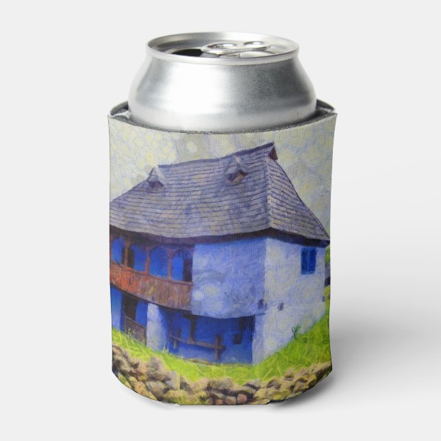 Blue house painting can cooler (Can Front)