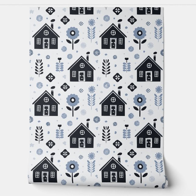 Blue house pattern  wallpaper (Unrolling)