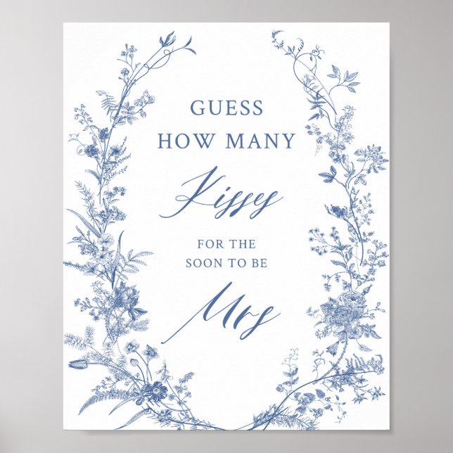 Blue How Many Kisses Bridal Shower Game Poster (Front)