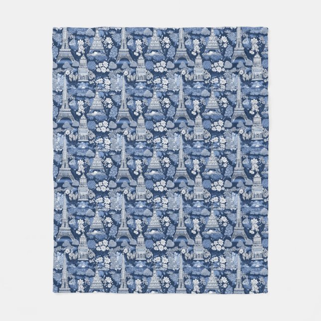 Blue-hued Intricate Parisian Eiffel Tower Toile Fleece Blanket (Front)